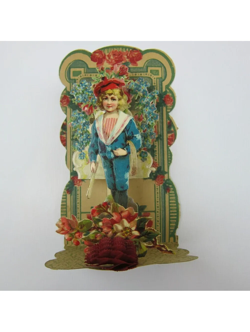 Antique Valentine Honeycomb 3D Pop Up Die Cut Boy Blue Sailor Suit Flowers Roses